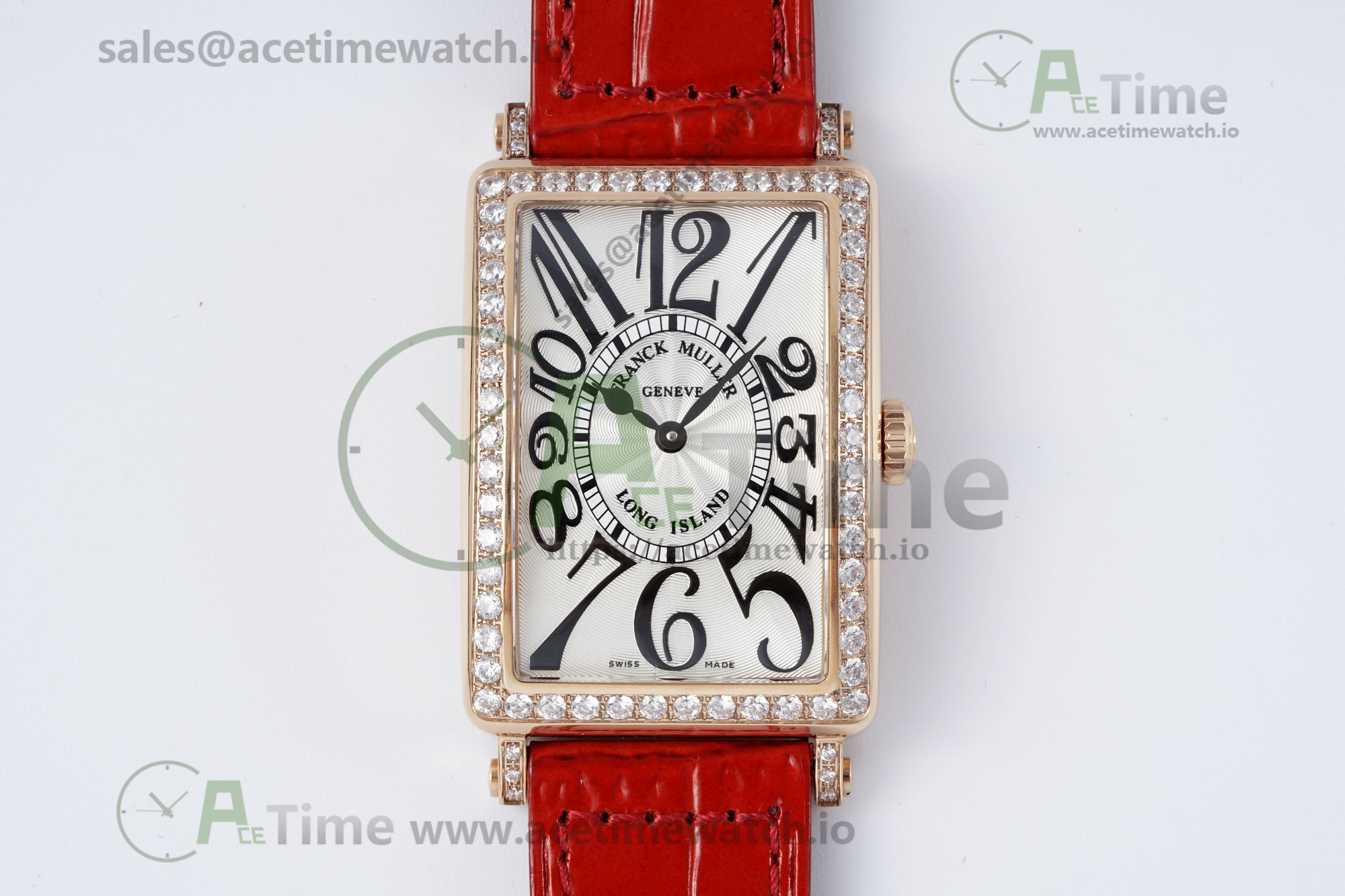 _DSC9160 Long Island Ladies RG Diamonds Bezel APSF 1:1 Best Edition White Texured Dial on Red Leather Strap Jap Quartz - Image 1